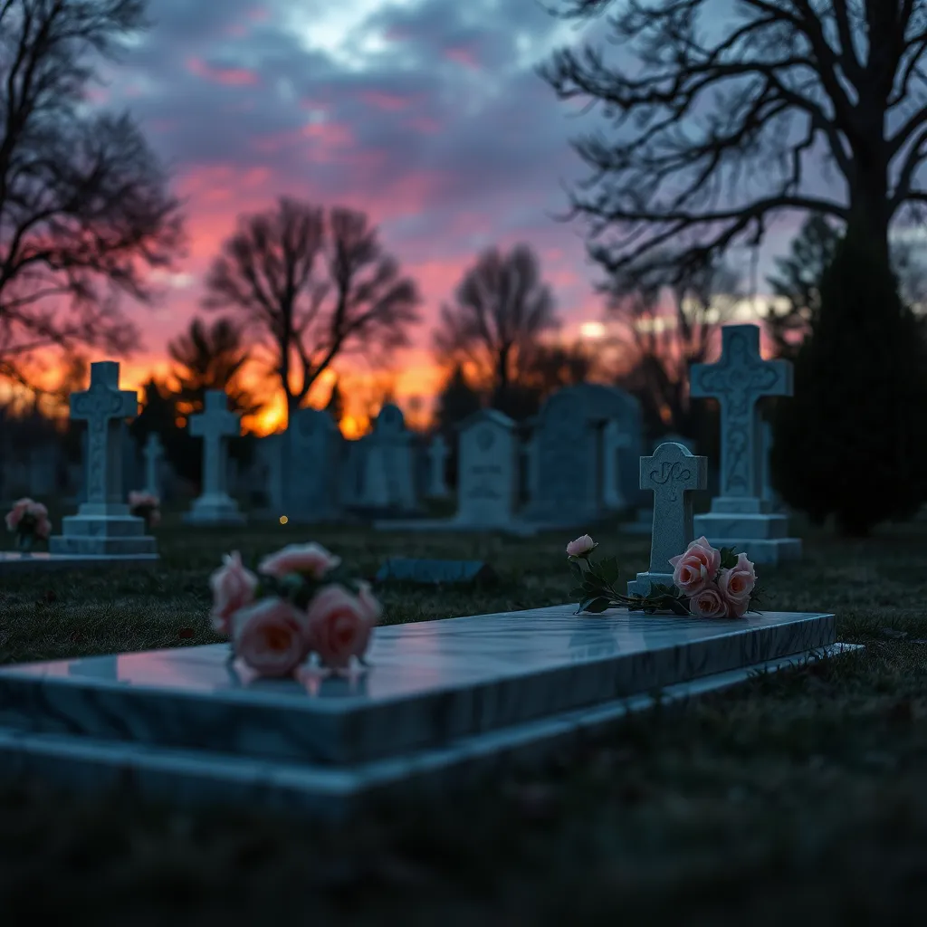onument funéraire en marbre orné de roses sous un coucher de soleil pour travaux de marbrerie
