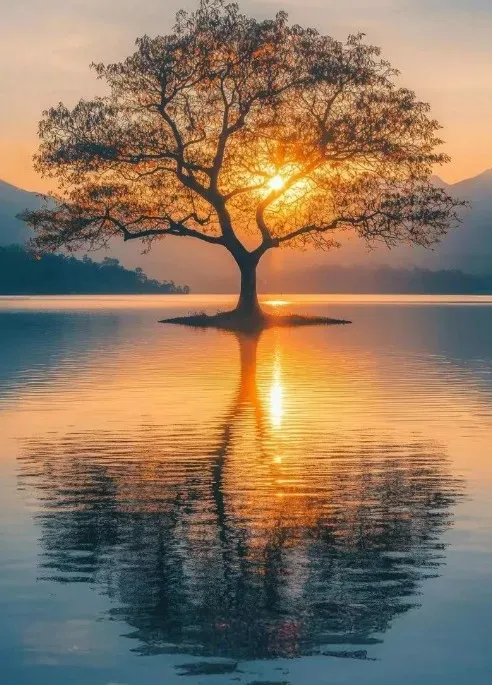 Grand arbre majestueux sur un îlot au coucher du soleil reflété dans un lac