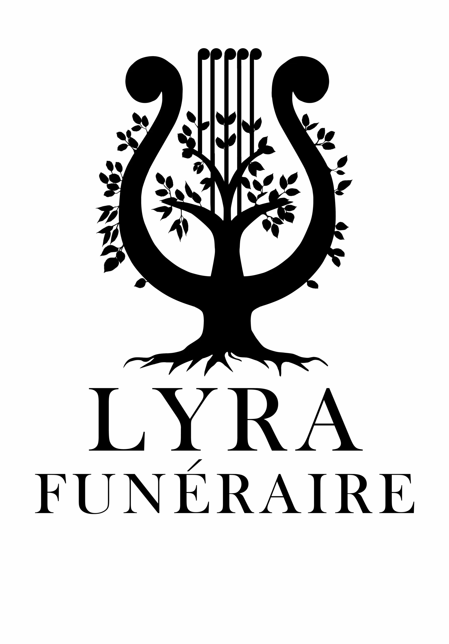 Logo officiel en noir et blanc de Lyra Funéraire stylisé en forme de lyre et d'arbre de vie